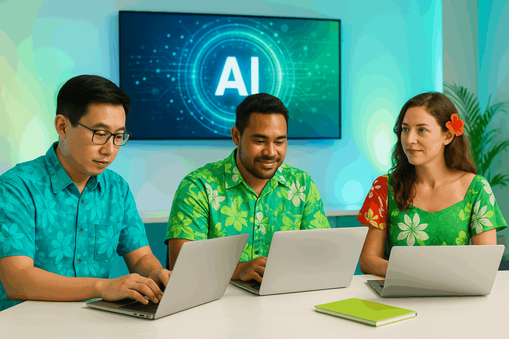 Participants polynésiens en formation IA à Tahiti, travaillant ensemble sur des outils d’intelligence artificielle dans un cadre moderne et collaboratif.