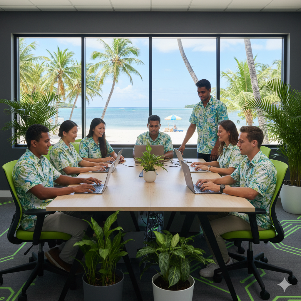 Équipe multiculturelle travaillant dans un bureau moderne à Tahiti, représentant les services d'IA pour les entreprises polynésiennes.