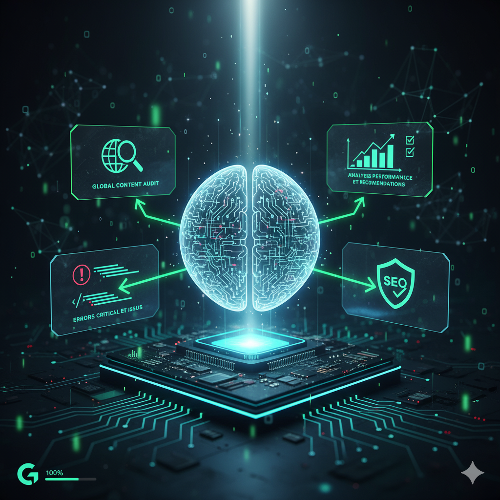 Cerveau numérique au centre de multiples écrans d'analyse, représentant l'optimisation SEO par IA à Tahiti.