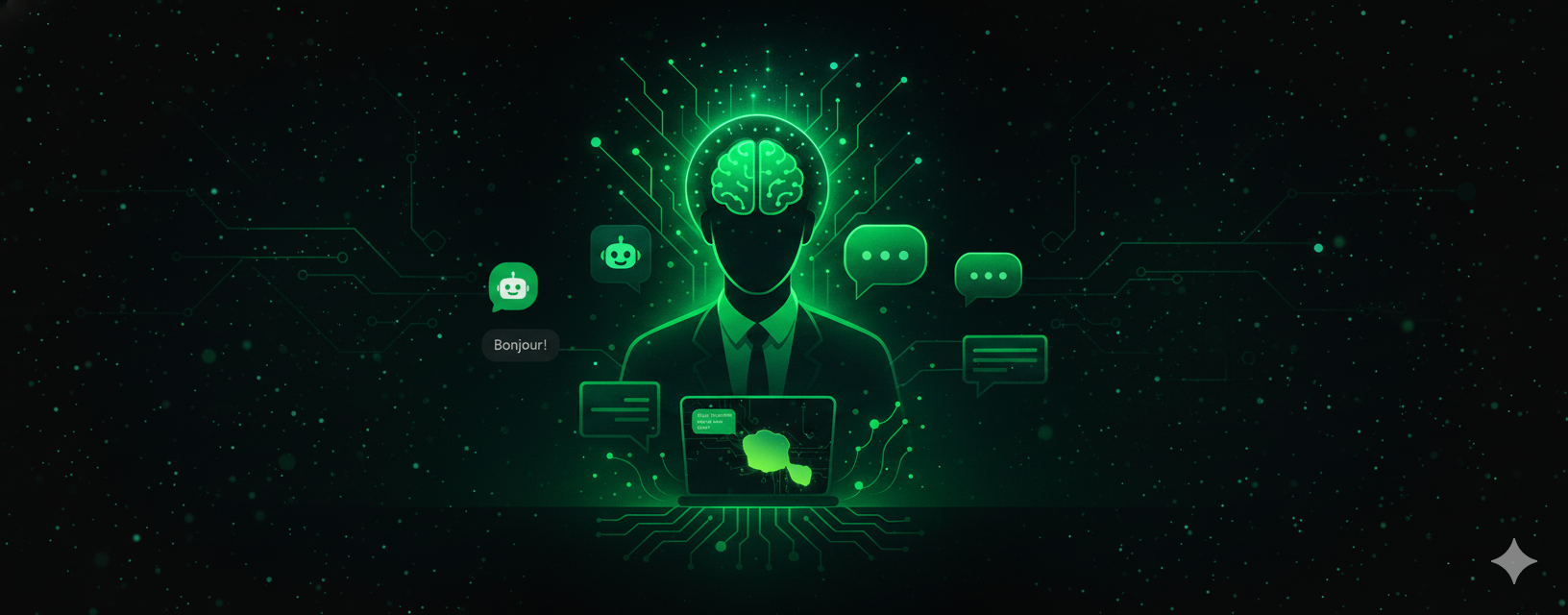 Illustration d'un consultant en intelligence artificielle à Tahiti avec un cerveau lumineux et des circuits imprimés, symbolisant la technologie IA en Polynésie française.