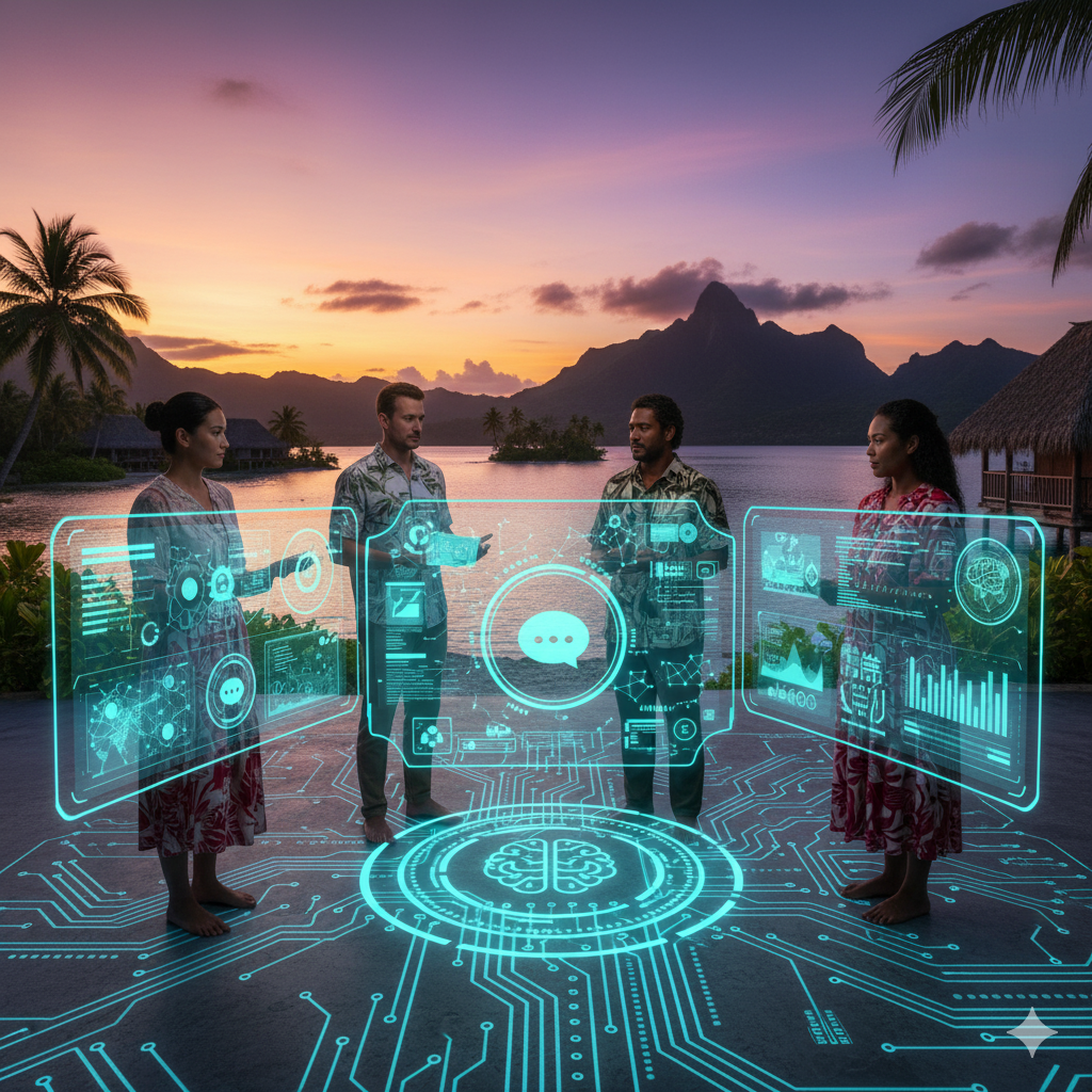 Groupe multiculturel (chinois, français, tahitien) d'hommes et femmes en tenues polynésiennes, participant à une formation IA avec des interfaces holographiques au bord d'un lagon tahitien au coucher du soleil, illustrant l'autonomisation par l'IA.