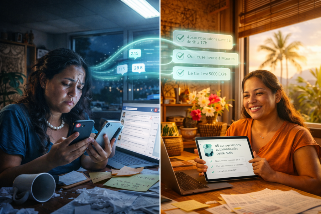 🌺 Entrepreneurs polynésiens : Combien d'heures perds-tu à répondre aux mêmes questions ? « Vous êtes ouverts demain ? » « Ça coûte combien ? » « Vous livrez à Moorea ? » 💡 Un chatbot répond automatiquement 24/7 pendant que tu dors. 📊 Résultat réel (pension Huahine) : ✅ 2h30 gagnées/jour ✅ +35% de conversion ✅ Clients satisfaits 💰 Moins de 50 000 XPF pour démarrer 📍 Solutions adaptées Polynésie française ⏱️ Diagnostic gratuit 1h à Tahiti 👉 digitalspecialiste.com/contact 📖 Article complet : [lien] #Tahiti #ChatbotPF #PMEPolynésie #ServiceClient247