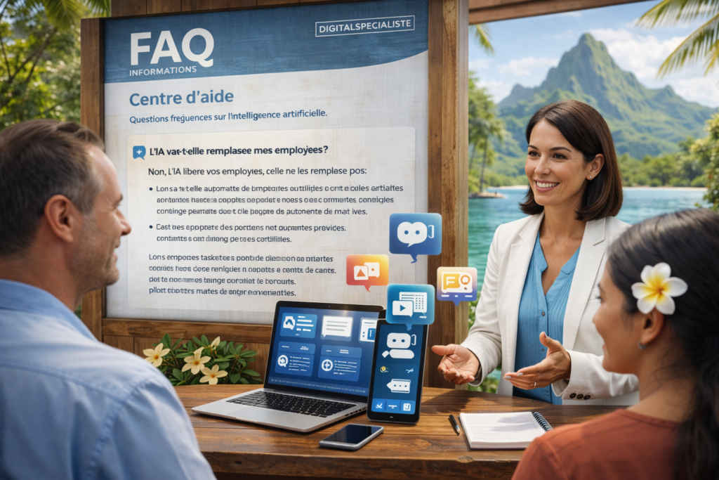 Illustration représentant la collaboration entre l’intelligence artificielle et la créativité humaine pour répondre aux questions fréquentes des entreprises à Tahiti et en Polynésie française.