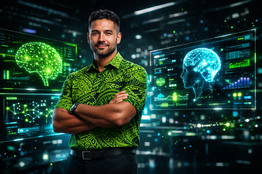 Entrepreneur polynésien utilisant l'intelligence artificielle sur tablette dans un bureau moderne à Tahiti, avec vue sur le lagon turquoise, symbolisant la transformation digitale des entreprises en Polynésie française grâce aux services IA de digitalspecialiste.com : chatbots, automatisations et formation intelligence artificielle.