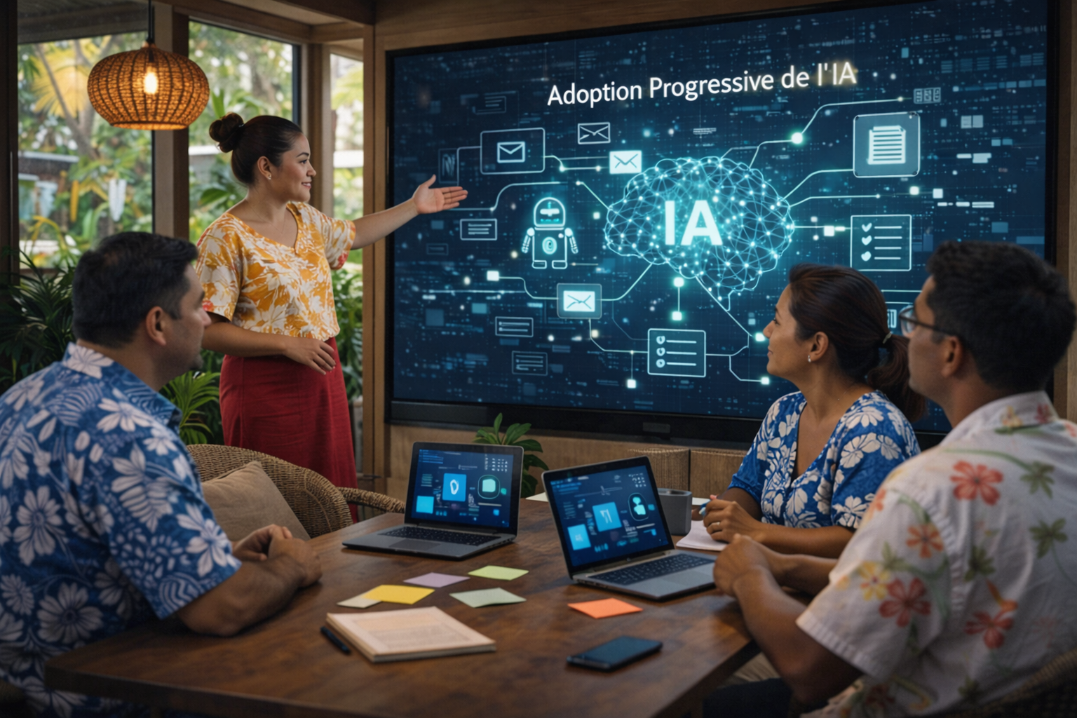Accompagnement à l’adoption progressive de l’intelligence artificielle à Tahiti pour aider l’entreprise à passer de la découverte de l’IA à des usages concrets, simples et utiles dans le travail quotidien.